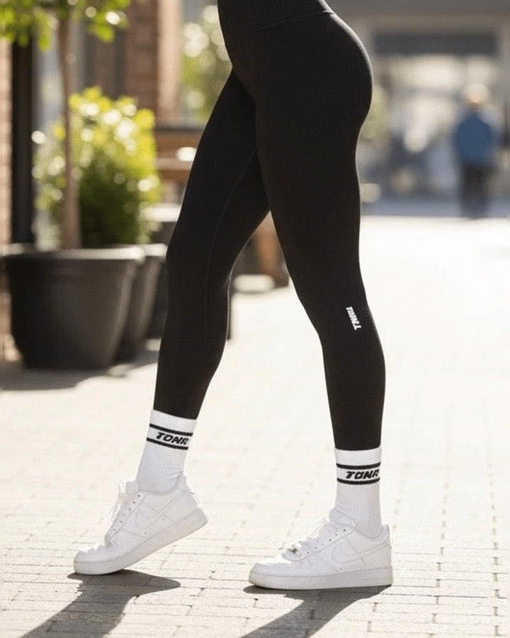 TONA workout socks worn with TONALift Leggings and sneakers